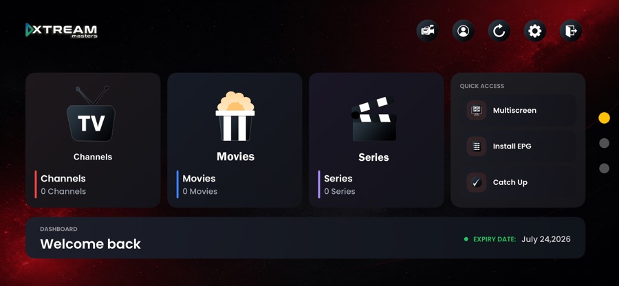Branded iOS IPTV app dashboard on iPhone with Channels, Movies, Series and Quick Access