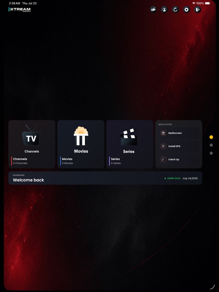 Branded iOS IPTV app dashboard on iPad showing channels, movies, series, multiscreen and catch up